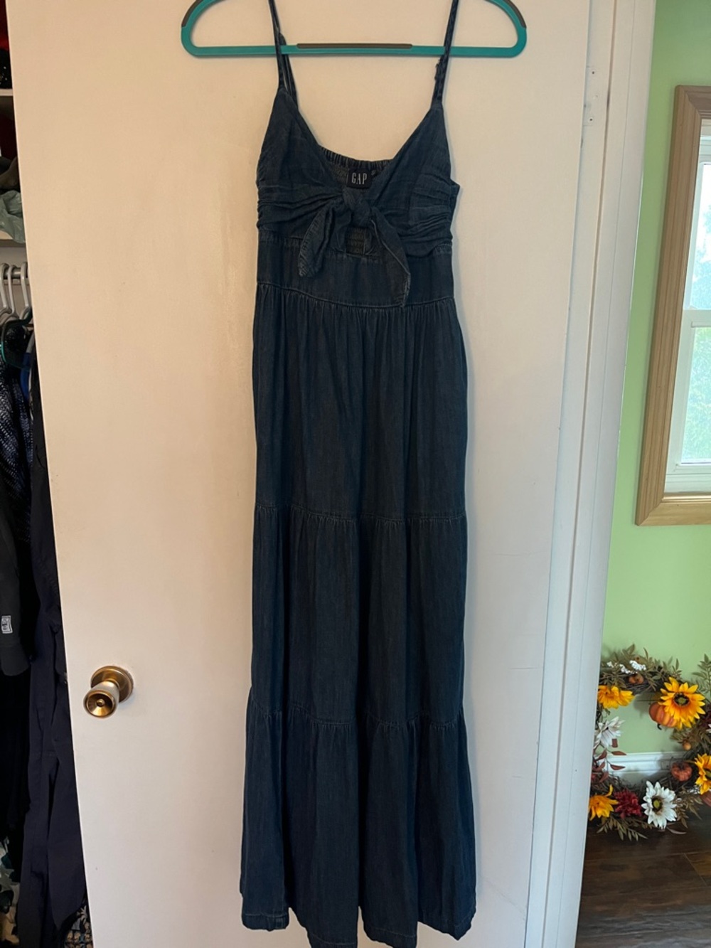 GAP Dark Blue Denim Maxi Dress with Front Tie - 100% Cotton